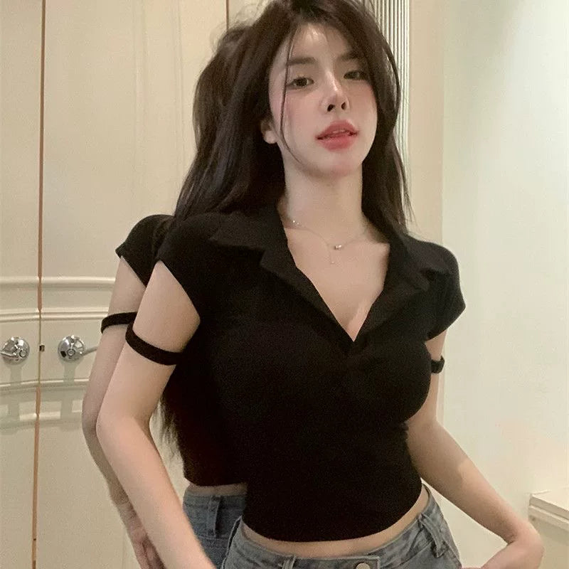 Foreign trade leftover French deep V-neck pure desire style polo shirt for women's summer sweet and spicy girls, pure cotton short sleeved t-shirt sexy top