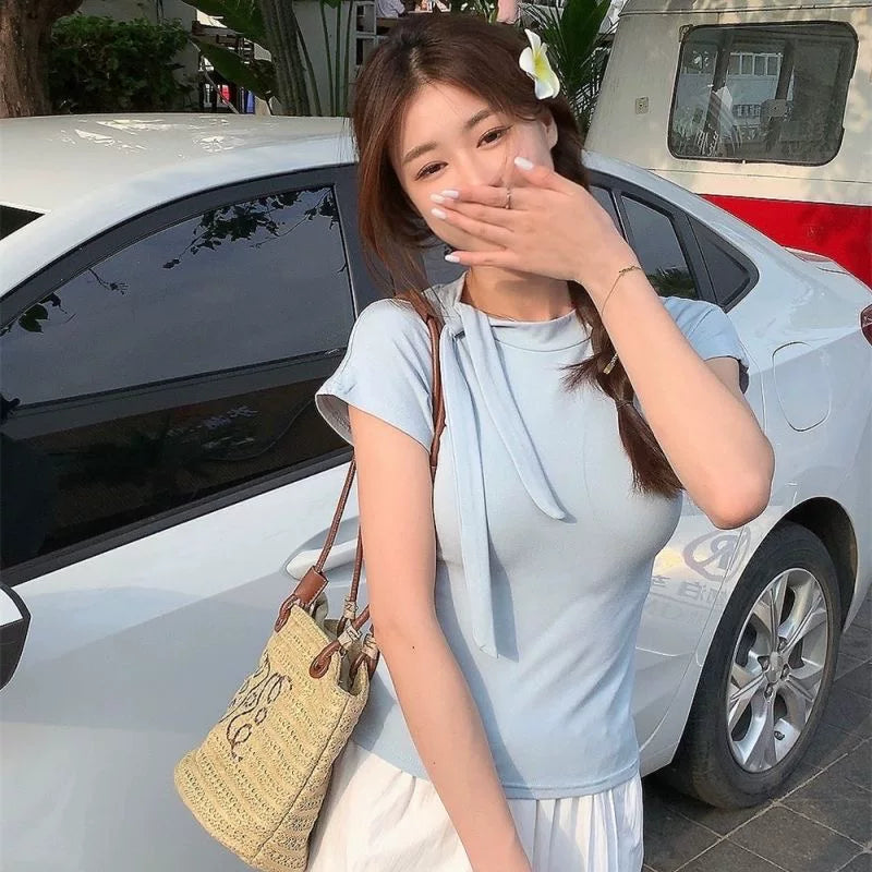 Foreign trade pure desire style spicy girl pure cotton short sleeved summer high neck design tie up T-shirt women's sweet cool chic short top