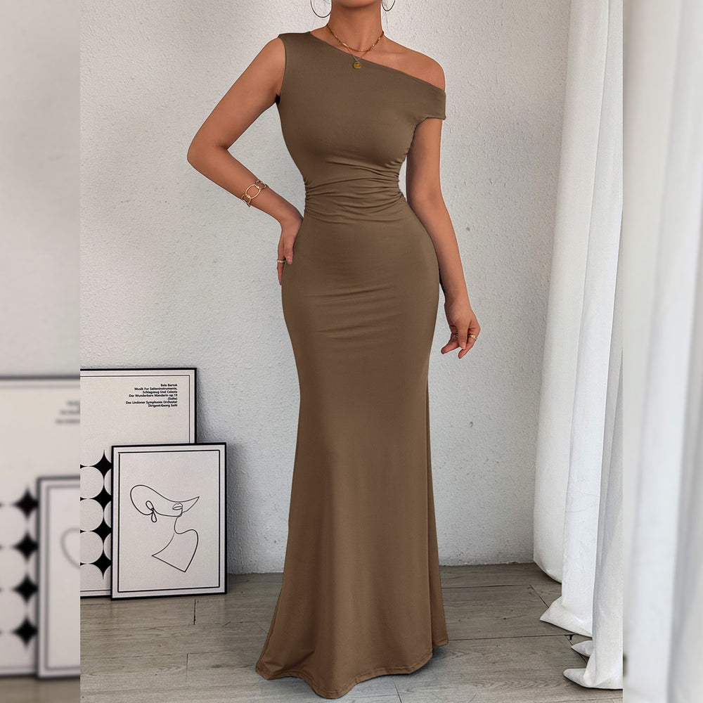 2026 European and American Cross border Women's Fishtail Skirt Amazon Hot Item Slant Shoulder Collar Waist Wrinkled Sleeveless Sexy Dress