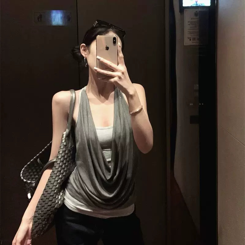 Foreign trade fake two collar camisoles women's summer sleeveless outerwear design pure desire style spicy girl gray top