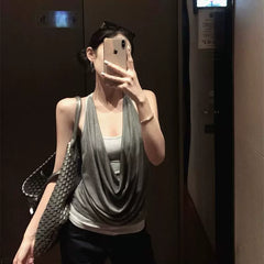 Foreign trade fake two collar camisoles women's summer sleeveless outerwear design pure desire style spicy girl gray top