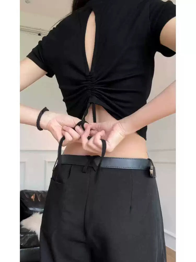 Foreign trade backless drawstring design short sleeved t-shirt women's pure cotton summer spicy girl short top this year's popular small shirt