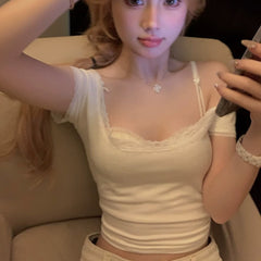 Foreign trade short sleeved t-shirt women's new popular sweet and spicy style design sense, summer niche sexy patchwork lace edge top