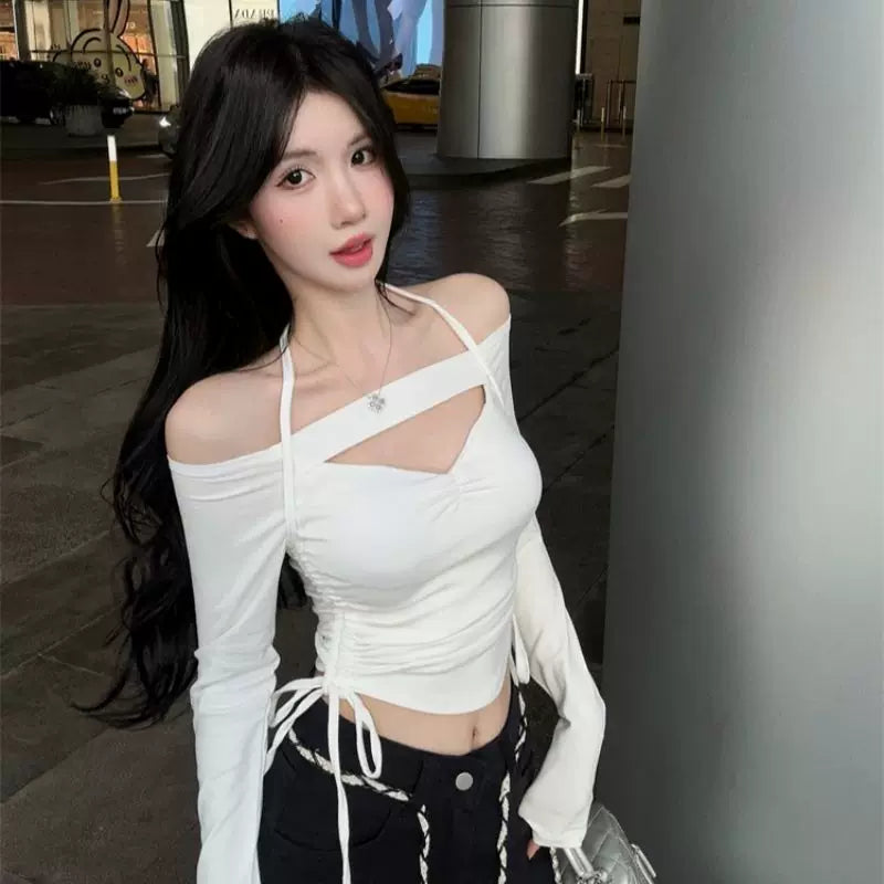 Pure cotton one shoulder hollowed out lace up long sleeved T-shirt for women in spring and autumn, thin design, pure desire, spicy girl, sexy slim fit short top