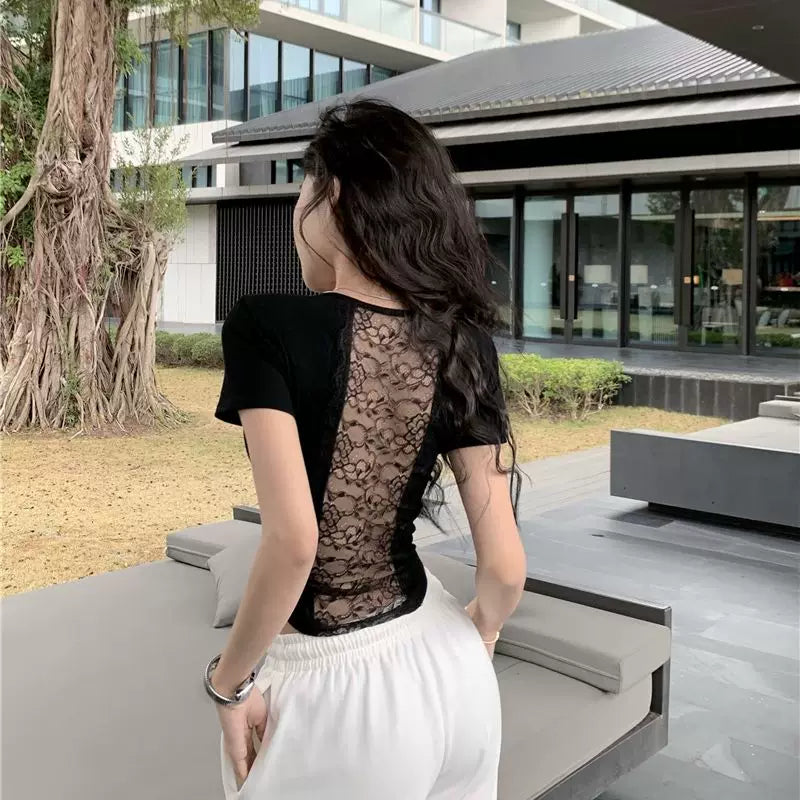 Foreign trade black backless lace short sleeved T-shirt for women in summer, slim fit and sexy design, spicy girl temperament, waist pinching top