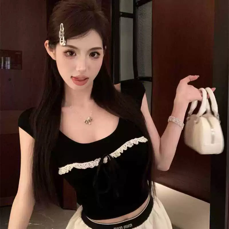 Foreign trade pure desire style spicy girl backless short sleeved t-shirt women's pure cotton lace sweet short style unique exposed navel short top ins