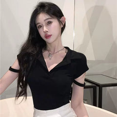 Pure Desire Style Black Polo Collar Short sleeved T-shirt Women's Summer American Slim fit Spicy Girl Pure Cotton Short Waist Small Top