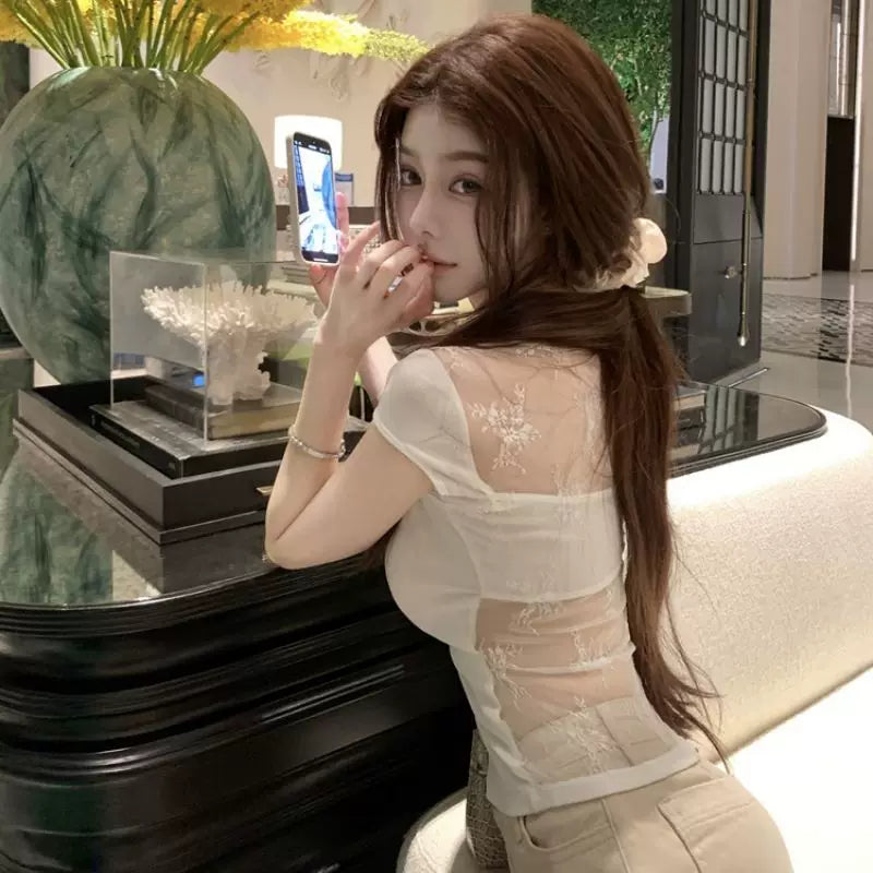 Sexy lace pure cotton short sleeved T-shirt women's summer black fashionable U-neck backless slim fit mesh pure desire style short top