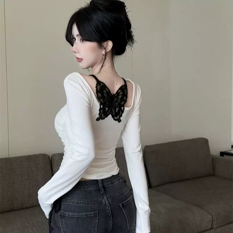 Foreign trade pure cotton pure desire style fake two-piece hanging neck, backless butterfly lace, niche design, long sleeved T-shirt, women's base